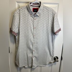Men's White Patterned Button-Down Shirt With Pops Of Florals and Reds